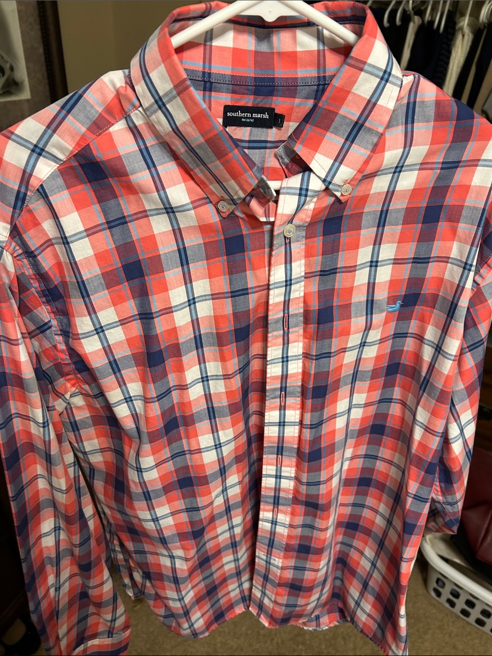 Southern Marsh Coral, Navy & White Plaid Button-Down Shirt